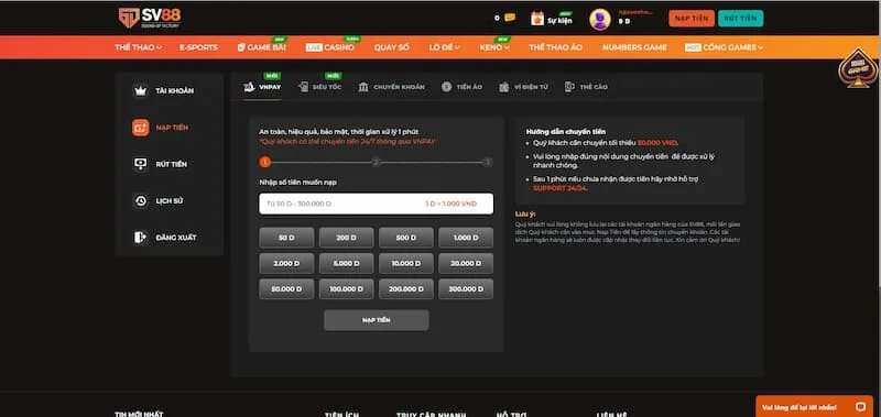 Hướng dẫn nạp tiền SV88