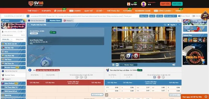 Các cửa cược trong Number game SV88